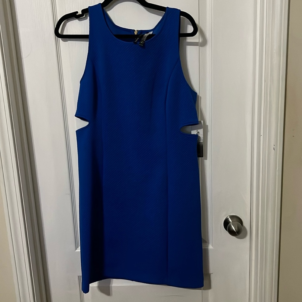 Royal blue mid length dress.